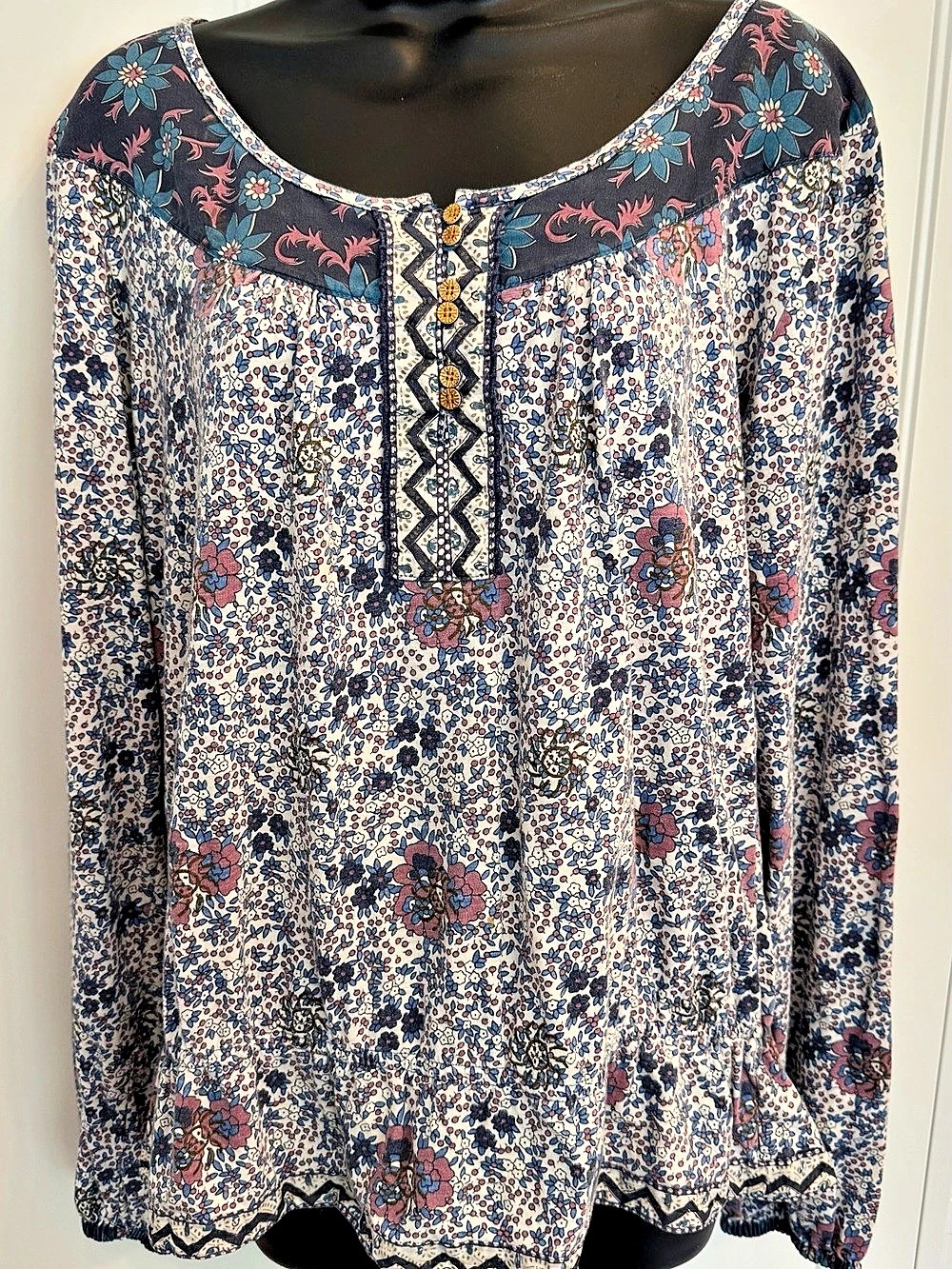 Lucky Brand XL Blue Floral Boho Peasant Top Cotton Mixed Print Tunic Y2K